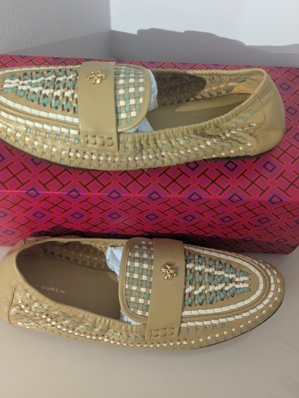 Tory Burch $348 Woven Ballet Loafer Flats Tan Blue SUPER COMFY! - Picture 4 of 12